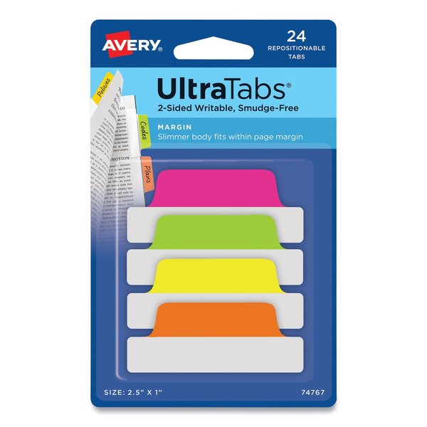 Avery Dennison Ultra Tabs 2-1/2 x 1", Neon, Pk24 74767